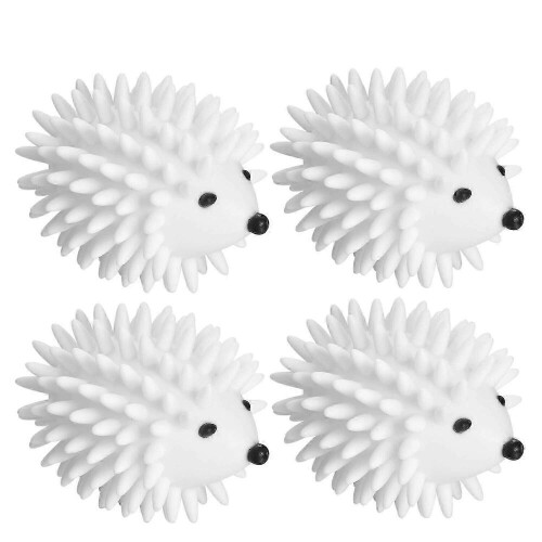 Conjunto de 4 bolas de secar roupa em plástico branco com formato de ouriço, reutilizáveis, que evitam emaranhamento.
