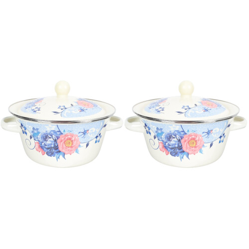 2Pcs Assorted Color Enamels Basin Kitchen Storage Pot with Lid 2