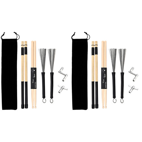 2Sets Multi-Purpose Drum Kit Stick Set with Wire Brush and Tuning Keys 1