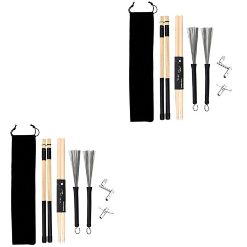 2Sets Multi-Purpose Drum Kit Stick Set with Wire Brush and Tuning Keys 2
