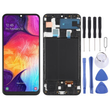 (Black) Super AMOLED LCD-skjerm for Galaxy A50 Digitizer komplett sammenstilling med ramme
