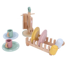 Wooden Play Food Set with Color Matching Plate Cup Spoon Fork for Toddlers