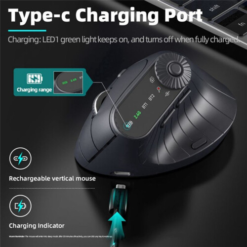 JOMAA Ergonomic Vertical Wireless Mouse with Function Adjustment Knob, 2.4G Dual-Mode Wireless Rechargeable Mouse Black 2