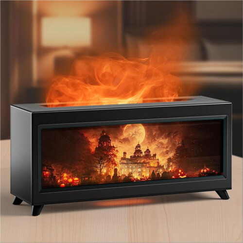 220ml Haunted Castle Humidifier Flame Fireplace Aromatherapy Diffuser Essential Oil Humidifier for Home Office A EU Plug 1