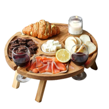 Portable Beach Table Outdoor Folding Small Wine Desk 2 In 1 Wooden Picnic Food Table Drink Wine Glasses Holder Picnic Board