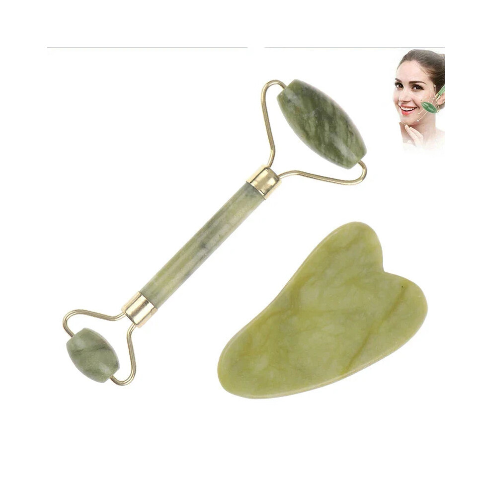 Oba Green Jade Facial Roller & Gua Sha Scraping Too; Beauty Massager
