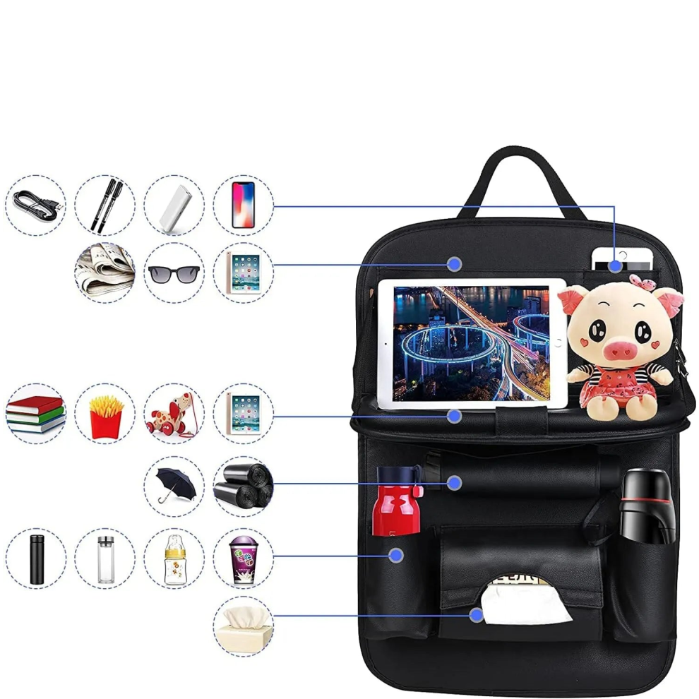 Car Seat Back Organizer With Foldable Table Tray Pu Leather Storage Black 9362547087816