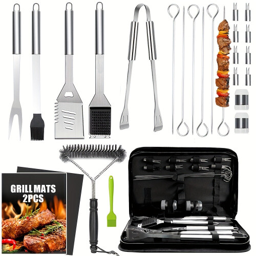 Stainless BBQ Grill Tool Set with Thermometer (26pcs)