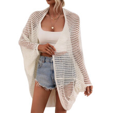 Copricostume all'uncinetto da donna con design traforato, tessuto leggero, apertura frontale, perfetto per la spiaggia, stile boho chic, traspirante