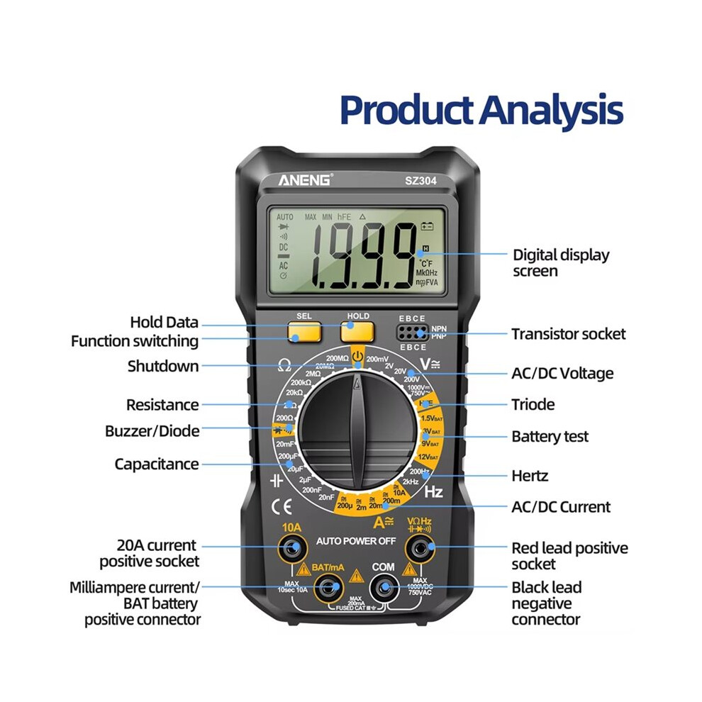 Aneng Sz304 Multifunction Digital Multimete True Rms Handheld High Precision Tester Ncv Ac/ Votage Current Resistance Ohm Tool 4714202365466