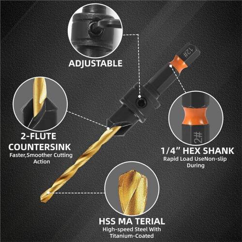 12Pc HSS Adjustable Countersunk Drill Bits for Woodworking, Sizes 4, 6, 8, 10, 12, WithMagnetic Extension Drill Bit 1