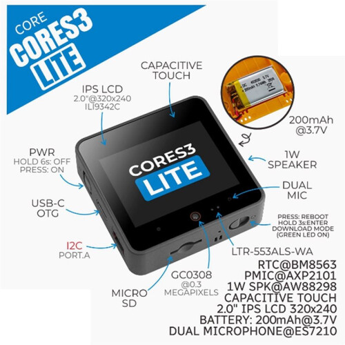 Cores3 Lite ESP32S3 IoT Dev Kit, Touch Screen Programmable Controller Support for  Home Industrial Automation