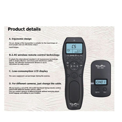 YOUPRO MC-292 2.4G Wireless Remote Control LCD Timer Shutter Release Channels for /// DC2