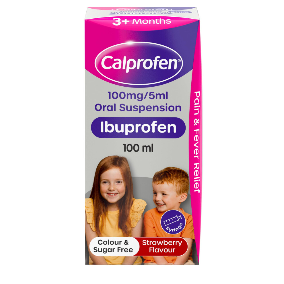 Calprofen Oral Suspension Ibuprofen (1 X 100 Ml) Sugar-Free Strawberry Flavour Painkiller With Ibuprofen For Fever & Pain Relief, Suitable For 3+ Mon