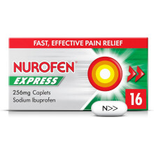 Nurofen Express Sodium Ibuprofen Caplets 256mg, 16 Count - Fast-Acting Relief for Period Pain, Headaches, Migraines, Cold & Flu Symptoms