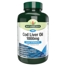 Natures Aid Cod Liver Oil 1000mg Softgels – High Strength Omega-3 Fish Oil with Vitamins A & D – Supports Immune System, Heart Health, Brain, Visi