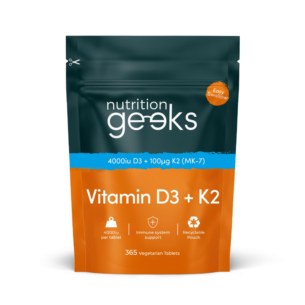 Nutrition Geeks Vitamin D3 4000 Iu & Vitamin K2 Mk7 100Î¼G - 1 Year Supply, 365 Easy-Swallow Vitamin D3 K2 Tablets, 1-A-Day High Strength Vegetarian D3 And K2 Vitamin
