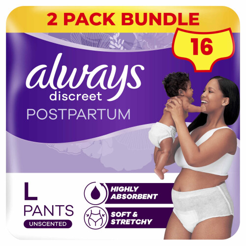 Always Always Discreet Postpartum Pants, Large, 16 Count, Super Absorbent 1