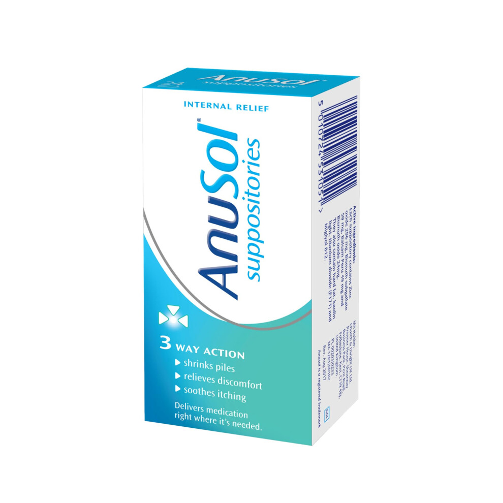 Anusol Suppositories Â For Haemorrhoids & Related Conditions Â Proven Formula Shrinks Piles, Relieves Discomfort & Soothes Itching Â 24-Pack