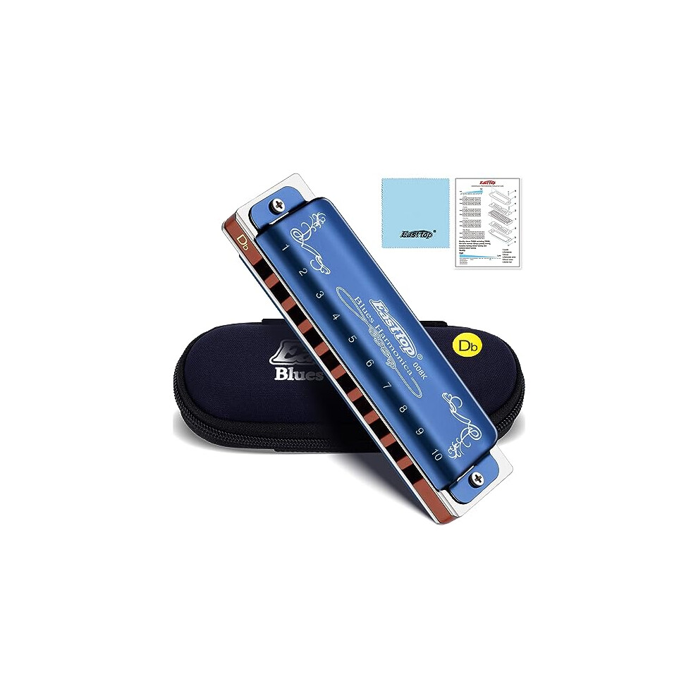 East Top 10 Holes 20 Tones 008K Diatonic Harmonica Key Of Db With Blue Case, Standard Harmonicas For Adults, Professional Player And Students