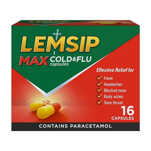 Lemsip Lemsip Max Cold and Flu, Paracetamol Capsules, Lemon, 16 Total,