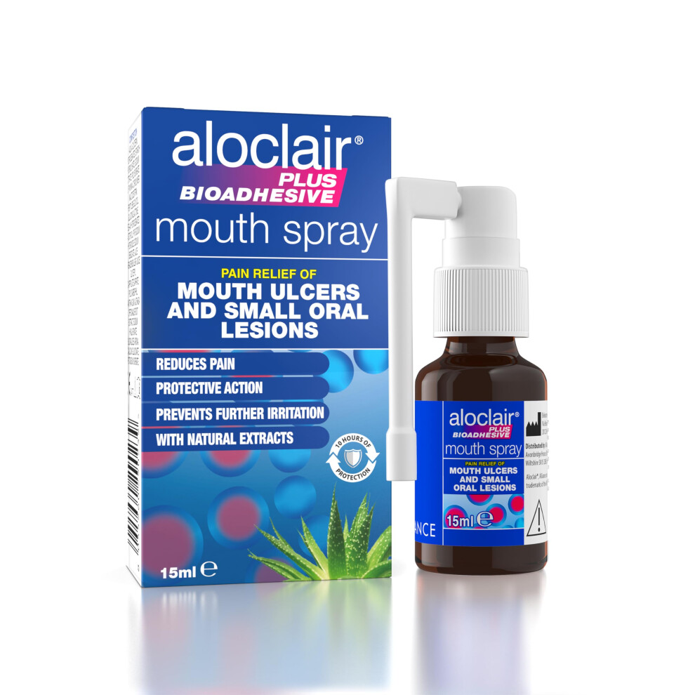 Aloclair Plus Bioadhesive Mouth Ulcer Spray 15 Ml, Helps Relieve Pain From Mouth Ulcers And Oral Lesions, Up To 10-Hour Protection, No-Touch Applicat