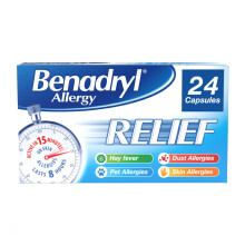 Benadryl Allergy Relief Capsules (1 x 24), Antihistamine Capsules with Acrivastine, Hayfever Tablets for Relief, Suitable for Pet, Dust, and Skin All