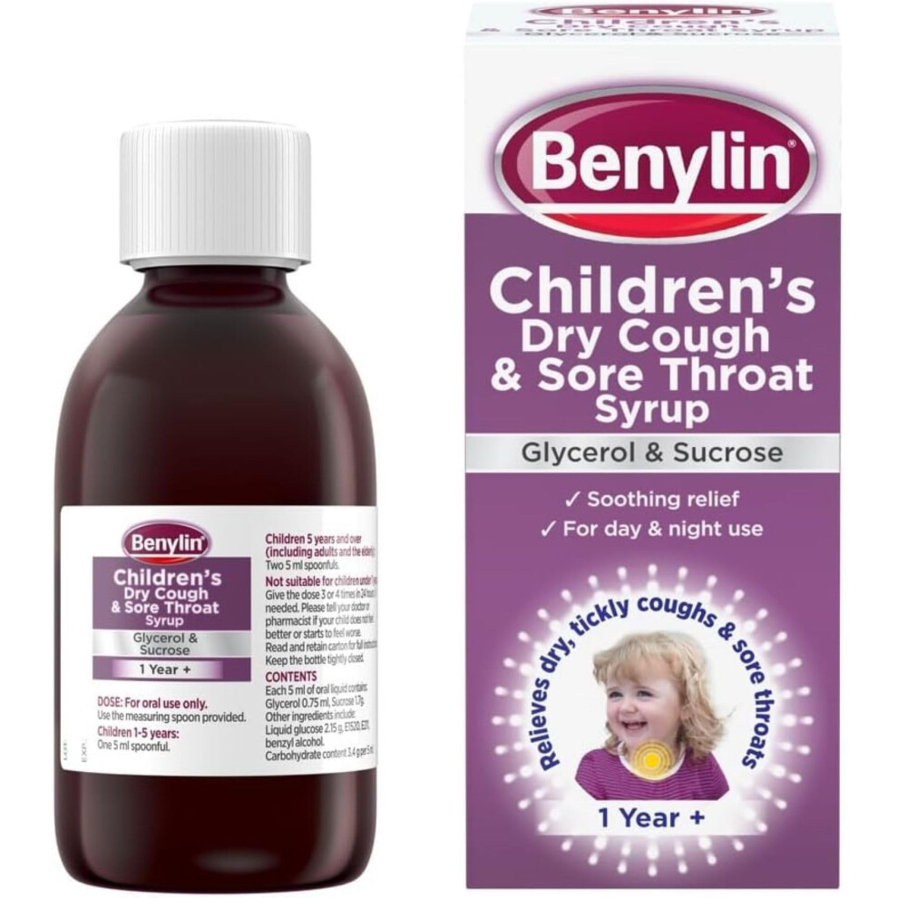 Benylin ChildrenâS Dry Cough And Sore Throat Syrup (1X 125Ml), Relieves Sore Throat, Cough Medicine For Children Aged 1 Year +, Suitable For Day And
