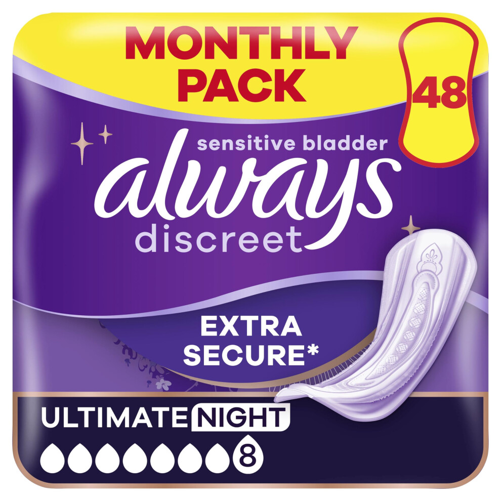 Always Discreet Incontinence Pads Women Ultimate Night 48 Count Extra
