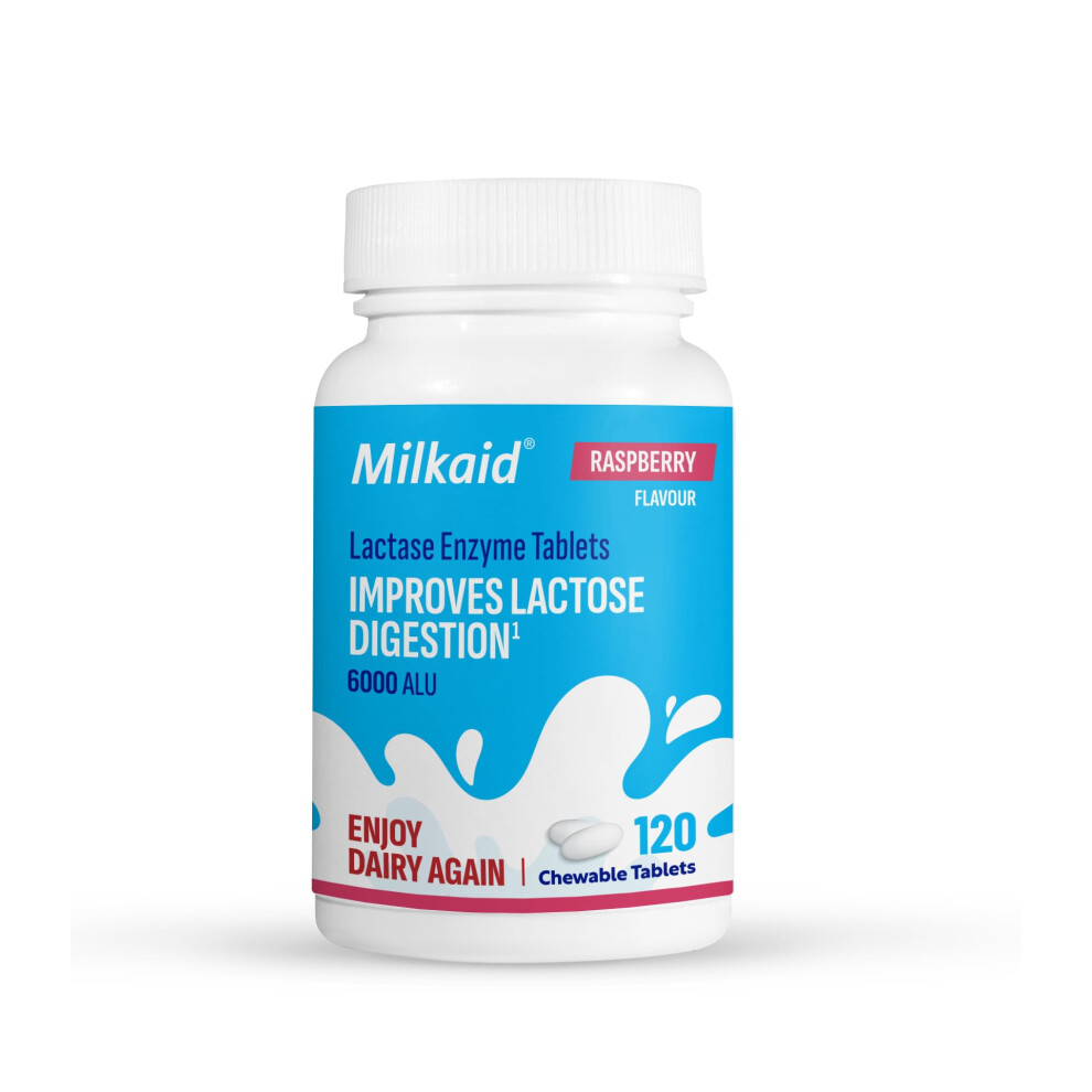 Milkaid Lactase Enzyme Chewable Tablets For Lactose Intolerance Relief, Prevents Gas, Bloating & Diarrhoea, Gluten Free & Vegan, Rasberry, 120 Count