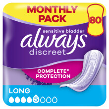 Always Discreet Incontinence Pads Long, 80 Pads (4 x 20 Pieces) Monthly Pack, Di
