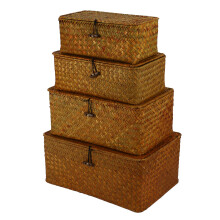 Opbergmanden van Zeegras met Deksels, Geweven Rechthoekige Mandbakken, Rieten Opbergorganizer voor Plank, Set van 4