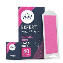 Veet Expert Cold Wax Strips, Legs & Body, Normal Skin, 40 Wax Strips (4 Finish Wipes with Argan Oil), with Shea Butter, Removes Shortest Hair from Ro