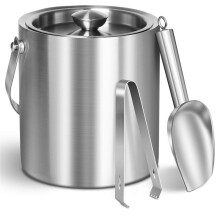 Ice Bucket with Lid & Tong- Well Made Insulated Stainless Steel - Ideal for Cocktail Bar, Parties, Chilling Wine, 2L