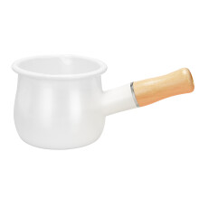 Enamel Milk Pan, Butter Warmer 10cm Enamelware Saucepan Pan Cookware with Wooden Handle, Perfect Size for Heating Smaller Liquid Portions.