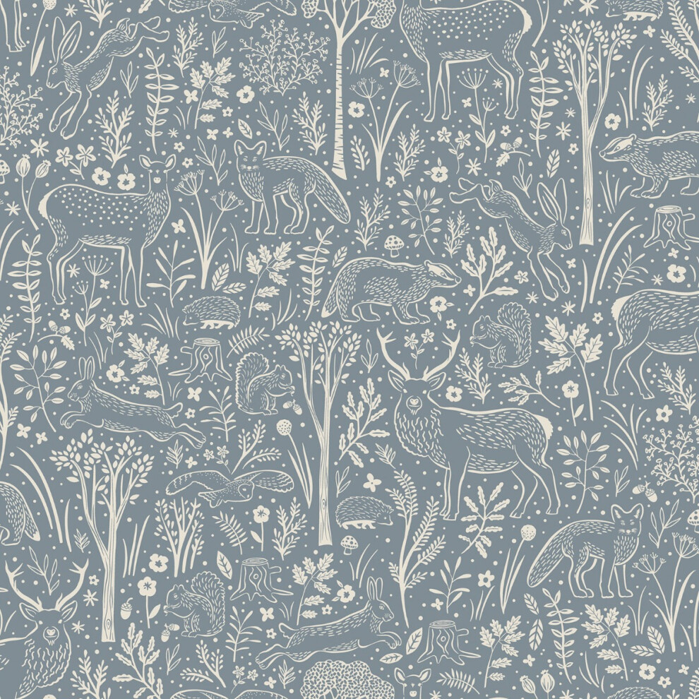 (Blue) Woodland Animals Textured Vinyl Wallpaper Grandeco 5411012527839