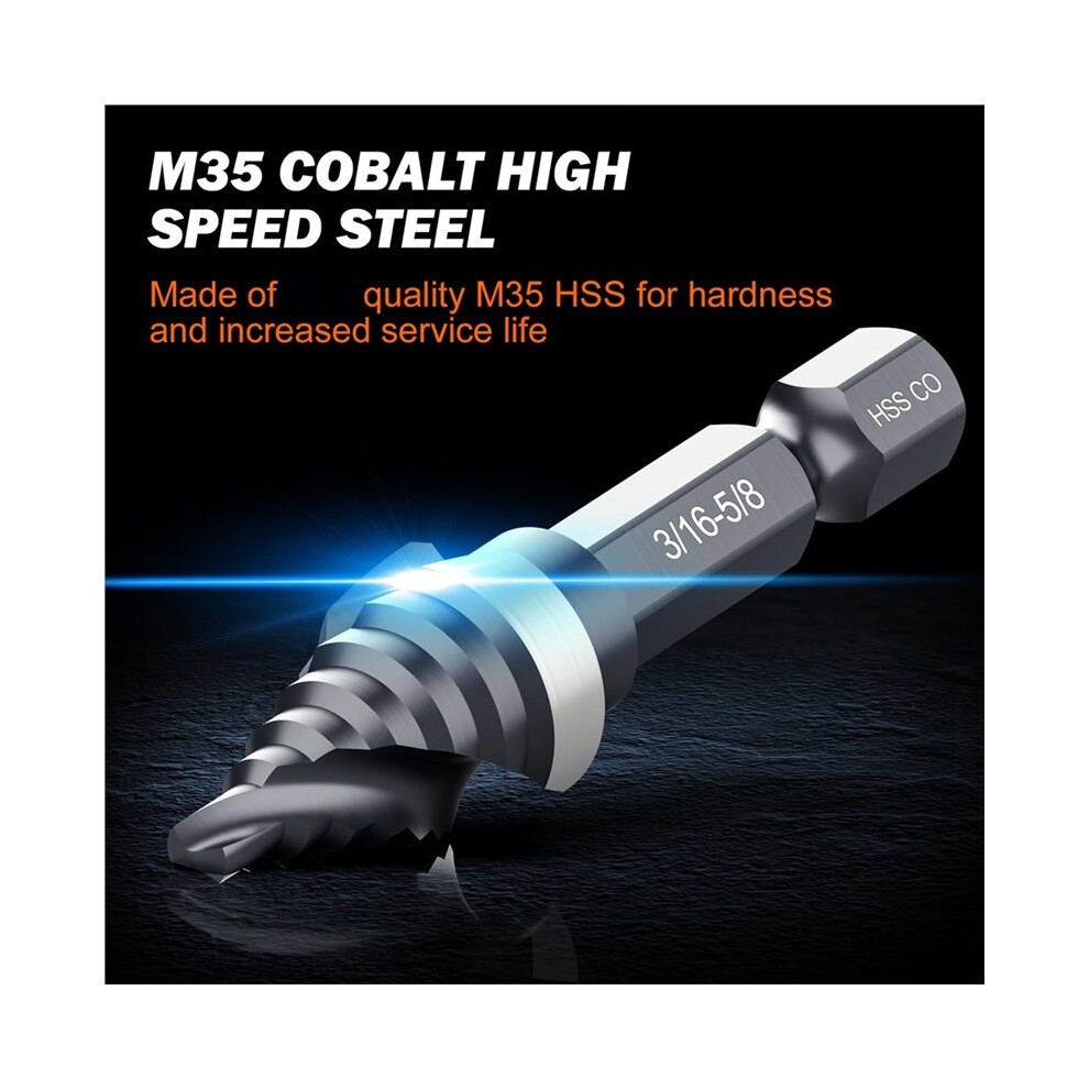 Photos - Drill / Screwdriver M35 Cobalt Spiral Flute Step Drill Bit Set, 5 Pcs Single Size HSS Step Bits , with 1/4" Shank Step Bits(1/8"-3/4")