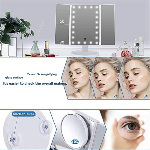 Miroir de Maquillage avec Éclairage, Grossissement 2x, 3x et 10x, Commande Tactile, Miroir Triptyque, Double Alimentation A 2