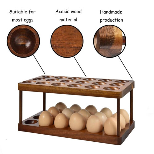 Wooden Double Layer Egg Holder, Kitchen 2 Tier Fresh Egg Storage Rack Basket,Eggs Tray Organizer for Countertop 2