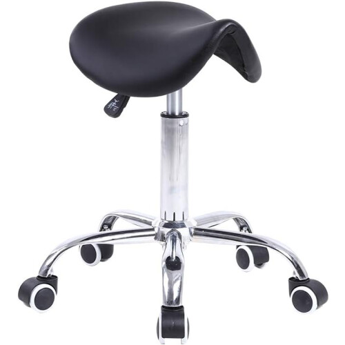 Adjustable PU Leather Rolling Saddle Stool Black