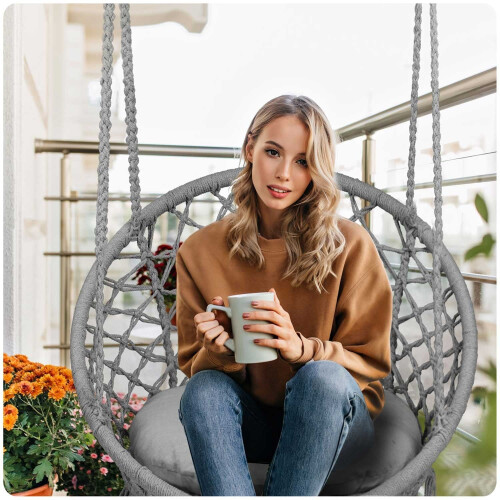 Hängender Gartensessel BOHO grau mit Kissen 2