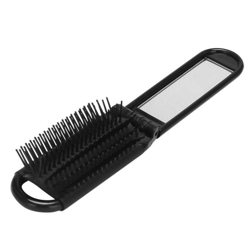 Black Portable Travel Folding Hair Brush With Mirror Compact Pocket Size Comb