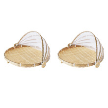 2X Hand-Woven Food Tent Basket Tray Fruit Vegetable Bread Storage Basket Simple Atmosphere Outdoor Picnic Mesh Net Cover