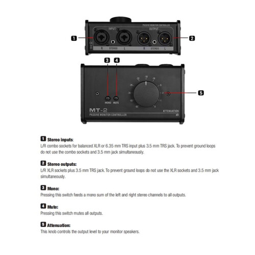 MT-2 Passive Monitor Controller Audio with XLR 3.5mm Inputs Outputs Supports Attenuation Control Mute Function Tools 2