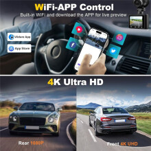 Bil Dash Camera, 4K 1080p Dash Cam Främre Bakre WiFi Recorder Camera för Bilar med App Control, G-Sensor, Loop Recording