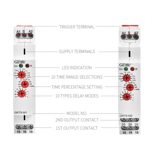 GEYA GRT8-M1  Off  Delay Relay 16A AC/DC12V-240V Multifunction Din Rail Automatic Timer Relay 2