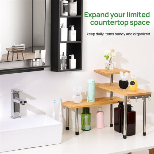 Bamboo Kitchen Countertop Organizer Corner Shelf Storage Display Bathroom Makeup Dresser Table with Hooks Space Saving 2