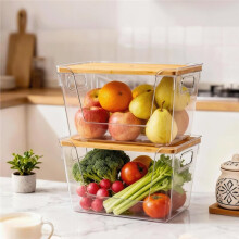 Pantry Organizers and Storage with Bamboo Lids, Stackable Clear Bins for Onion, Potato, Trash Bag Dispenser 2pc