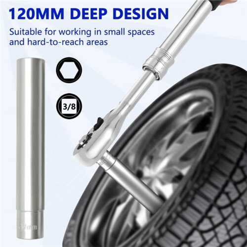 5PCS Deep Metric Socket Set, 3/8-Inch Drive Thin Wall Socket, 6-Point 8-10-12-13-14MM - Extra Long Deep 120MM 1