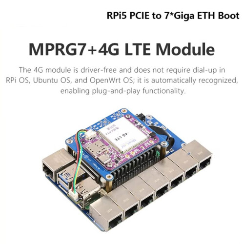MPRG7, para Raspberry Pi 5 PCIE para Placa Ethernet 7xGigabit, Sem Necessidade de Drivers, Compatível com RPi OS e OpenWRT, Suporte para Ubuntu, 2